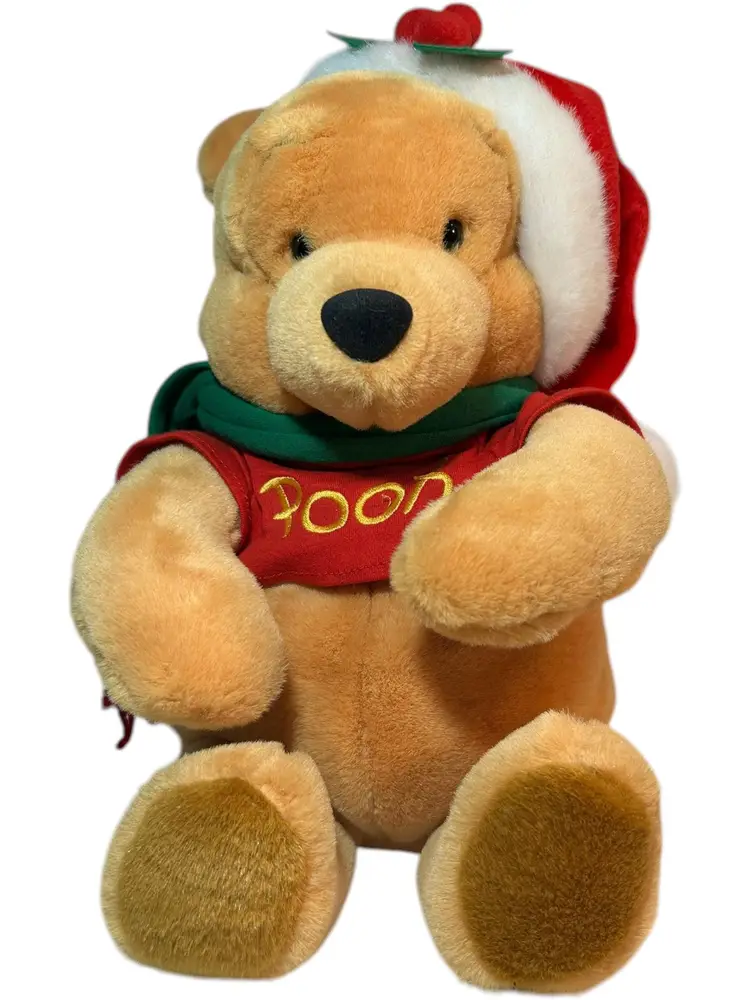 Disney World Winnie The Pooh Plush Christmas Cuddly Santa Hat Green Scarf 14"