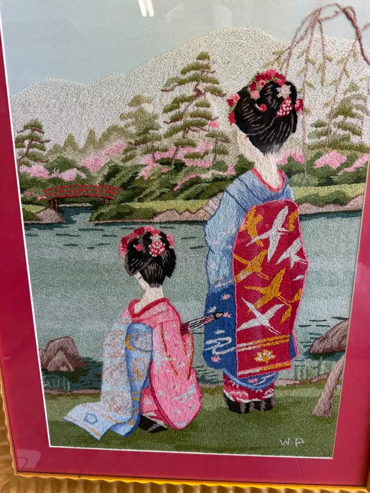 Vintage Matted&framed Crewel Needlepoint Artwork Geisha Water Bridge Mountain 26.75”