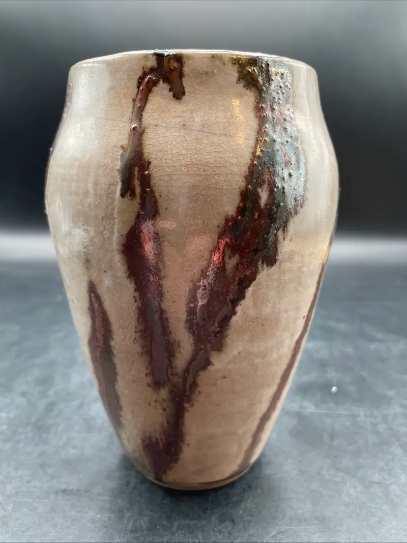 VTG Tan Vase With Copper Drip Glaze Or Horsehair? Signed