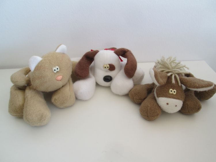 1985 Set of 3 Hallmark Floppy Friends Callie Cat, Archie Dog and Dickens Donkey