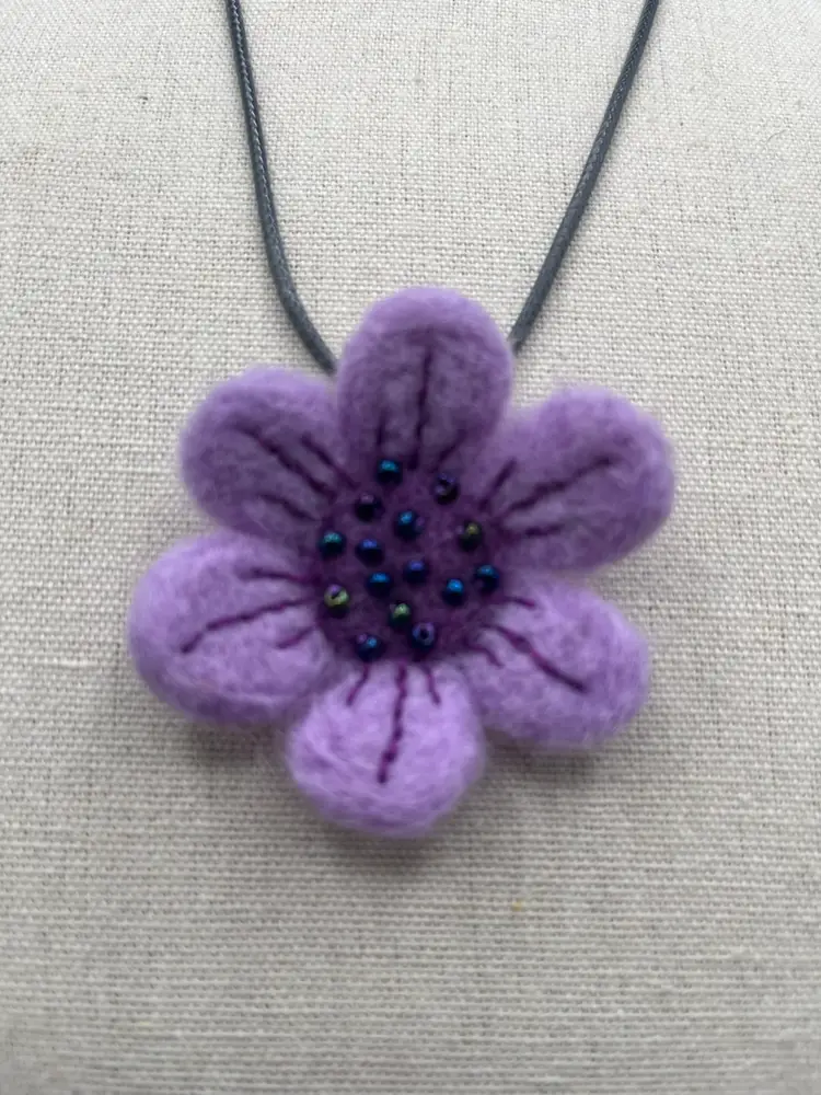 Made By Me Purple Needle Felted Wool Flower Pendant With Swarovski crystals 2 1/4” On 18” Cord