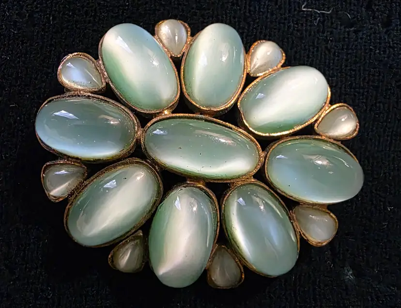 Vintage 1940s Green Opalescent Cabochon Brooch with Gold-Tone Pot Metal Setting Made in Czechoslovakia