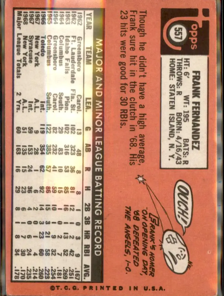 1969 Topps #557 Frank Fernandez - (pk3) - New York Yankees