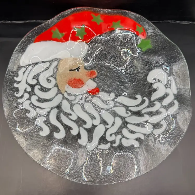 Crescent Moon Santa Signed Fused Art Glass Platter 10.5”