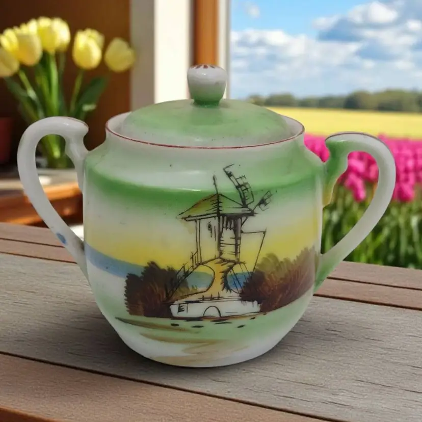 Vintage Porcelain Windmill Sugar Bowl Japan Handpainted