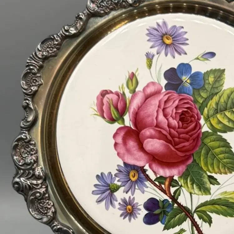 Gorgeous Vtg Wallace Baroque Silverplate Trivet Floral Porcelain Tile Ornate Border #245