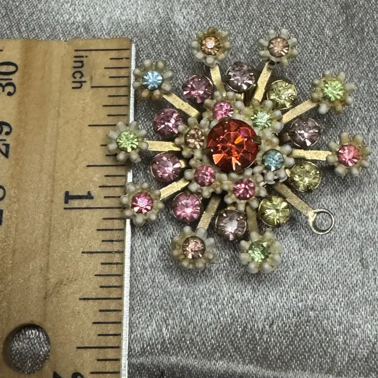 Vintage Signed LERU Pastel Rhinestone Starburst Earrings - MCM Atomic Snowflake Clip-Ons