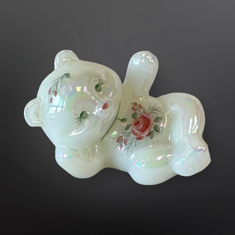 Vintage Fenton Hand Painted Iridescent Laying Bear Figurine 1980s