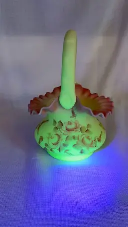 Vintage Fenton Burmese Uranium Glass Basket With Hand Painted Rose Design