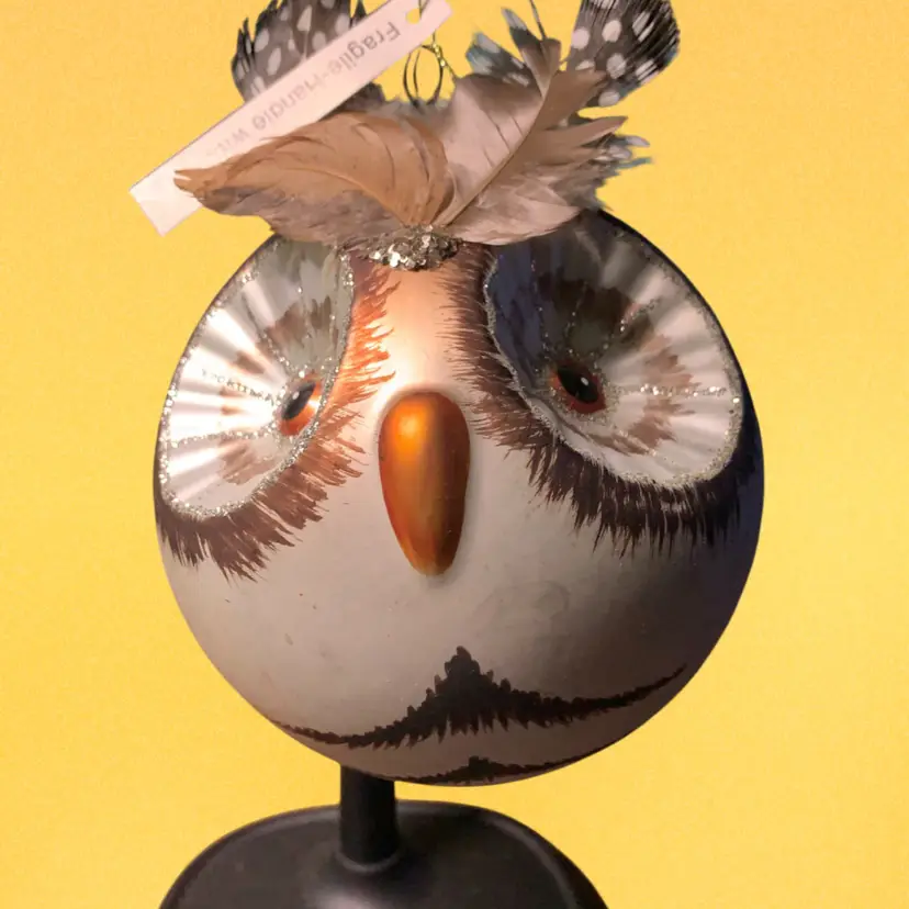 21. Large Robert Stanley OWL Ornament. Christmas. 5" Glass, Feathers 2017 Birds