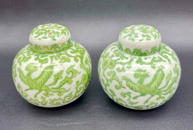 Vintage Celedon shakers with Lotus and Rooster pattern. Kk