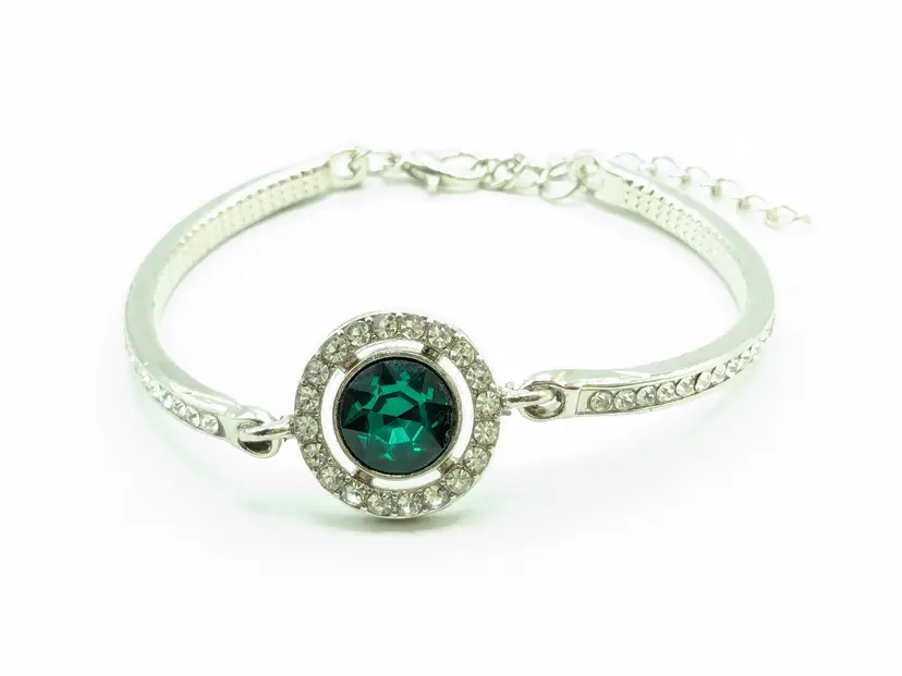 Paparazzi Faux Emerald and Rhinestone Bracelet Silver Tone