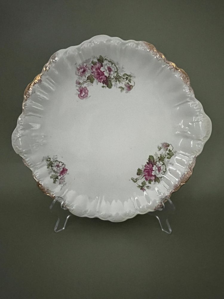 Vintage Dresden China  Serving Plate Pink Flowers 10"  Gold On The Edge