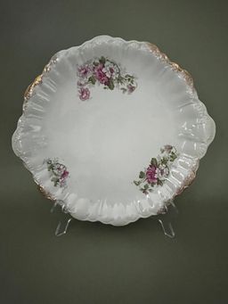Vintage Dresden China  Serving Plate Pink Flowers 10"  Gold On The Edge