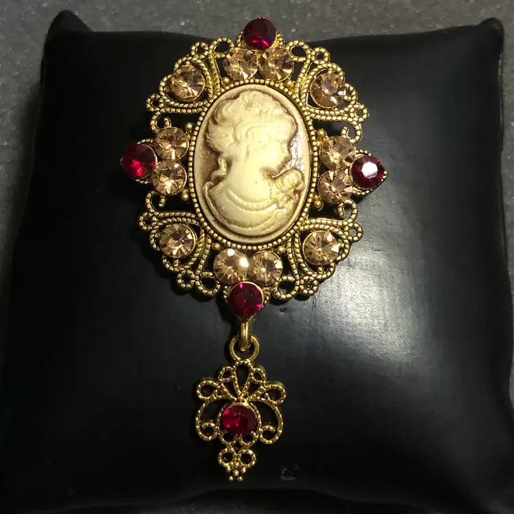 Gold-Tone Cameo with Jewels and Dangle Brooch