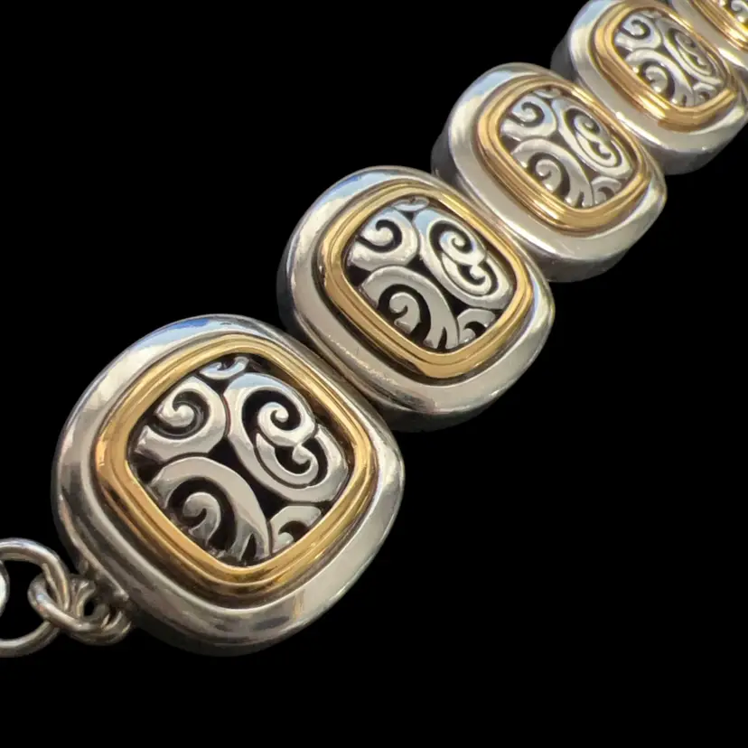 Brighton Spin Master Bracelet Two Tone Scroll Enamel Panel Silver Gold 6”