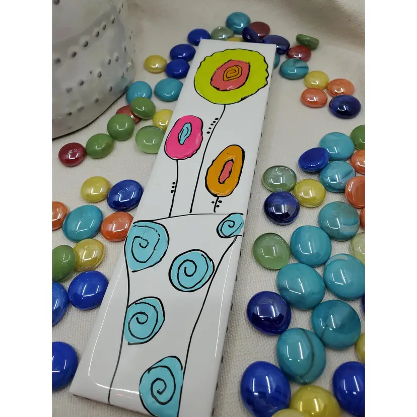 WHIMSICAL FLOWERS 
Whimsical Handpainted Flowers On Italian Tile 2.25" X 9.75" Ready To Hang Signed By Artist