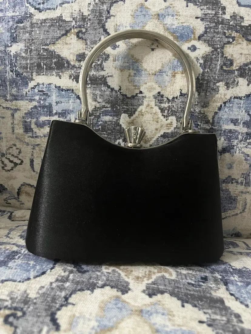Vintage Small Black Satin Rhinestone Clasp Evening Bag