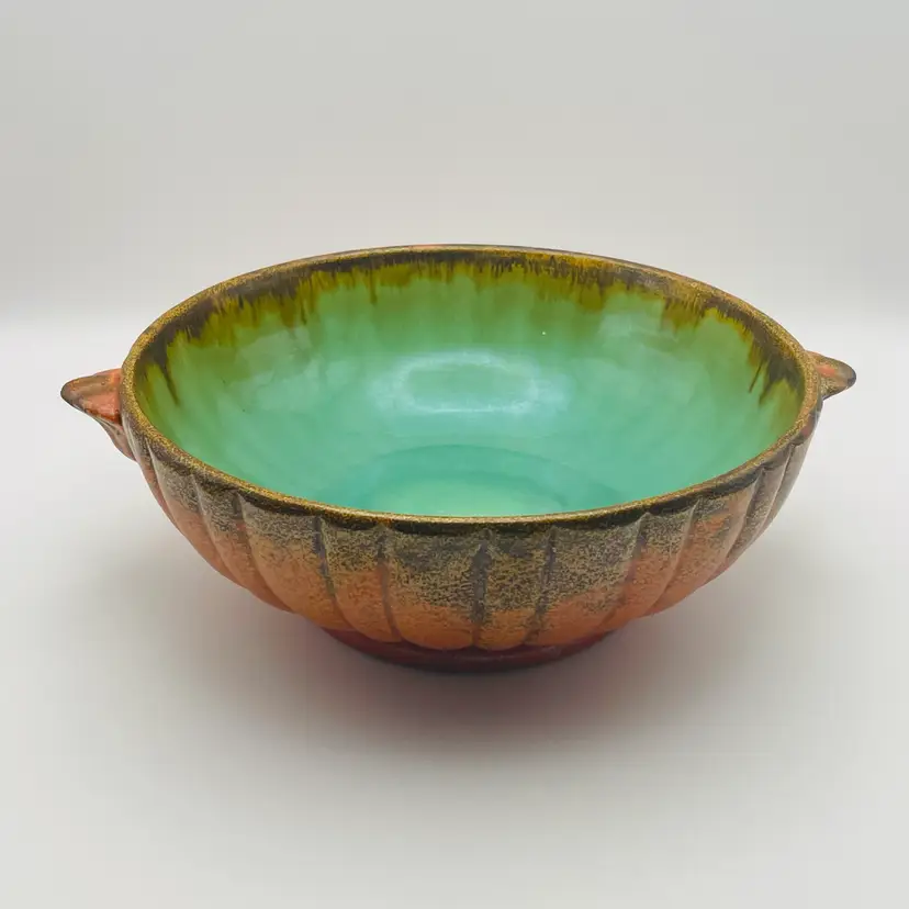 10” Pottery Bowl, Turquoise Glaze/Orange Mottled Finish, Handles, Marked #1388