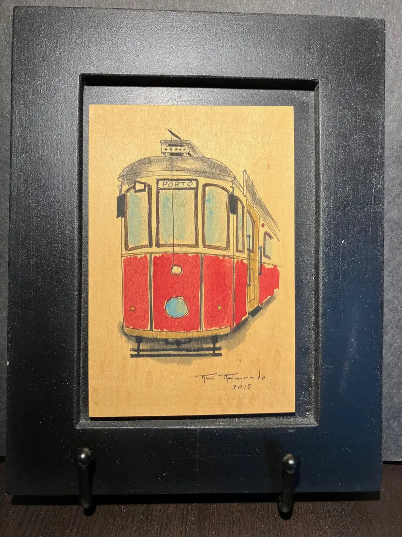 Watercolor Porto Trolley on Wood Portugal Signed 2015