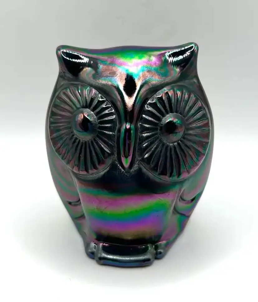 Fenton Black Carnival Glass Owl 2.5”x 2”x 3”