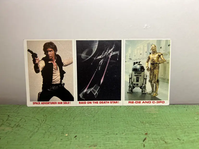 1977 Burger King Star Wars Trading Card 3 Card Uncut Panel Han Solo, Death Star, R2-D2, C-3PO