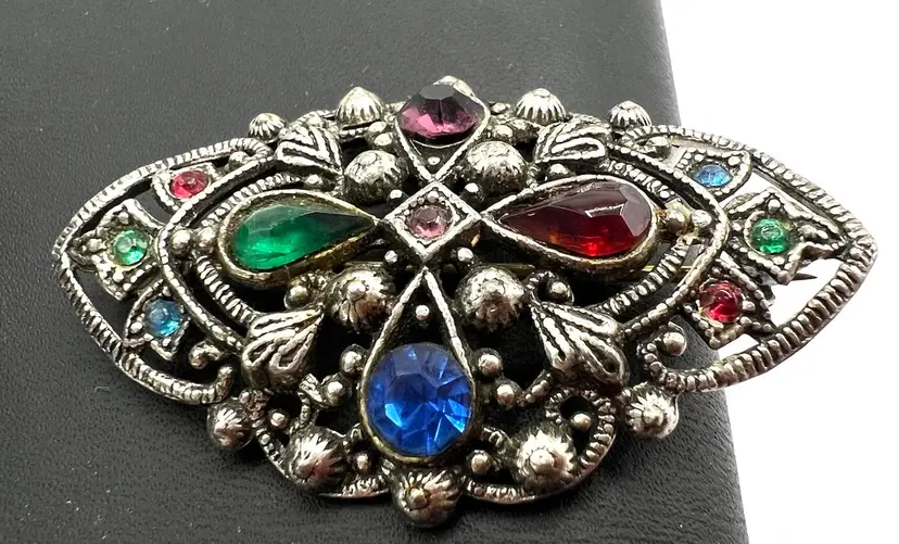 Vintage Art Deco Brooch, Pot Metal Pin, Multicolor Rhinestones, Vintage 40s Pin