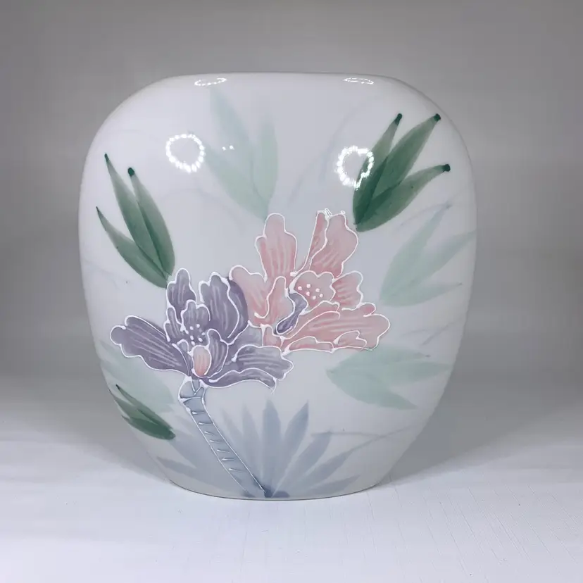 Otagiri Lotus Garden Pillow Vase White Porcelain Made Japan Pink Floral 1990s Vintage