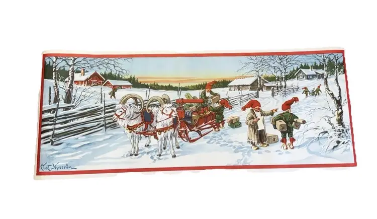 Curt Nystrom 1950s Sweden Folk Christmas Santa Sleigh Vintage Long Unframed Art Print Poster