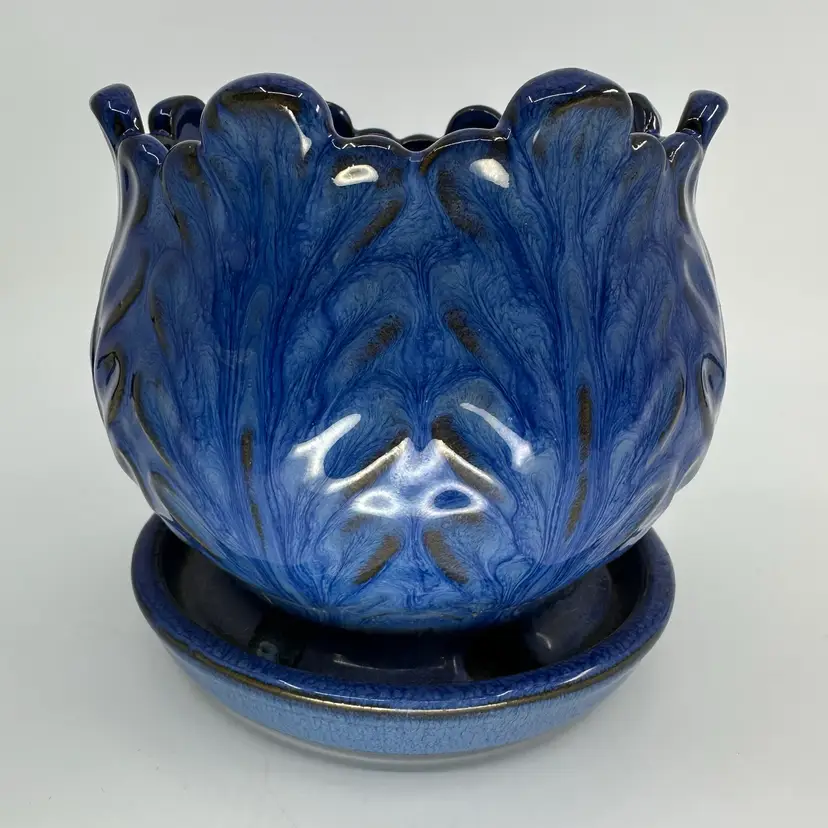 Blue Glazed Pottery Flower Pot With Saucer