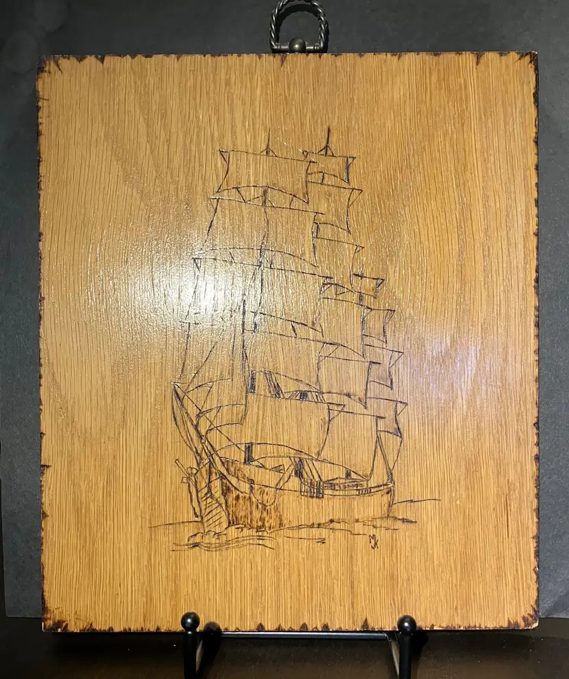 Vintage Etched or Wood Burn Ship Vessel Art Picture Wall Decor Signed