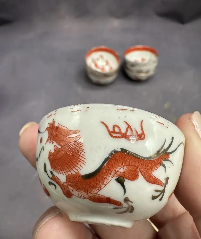 Vintage Chinese Republic Period Red Dragon Small Sauce Salt Bowls Dainty 7