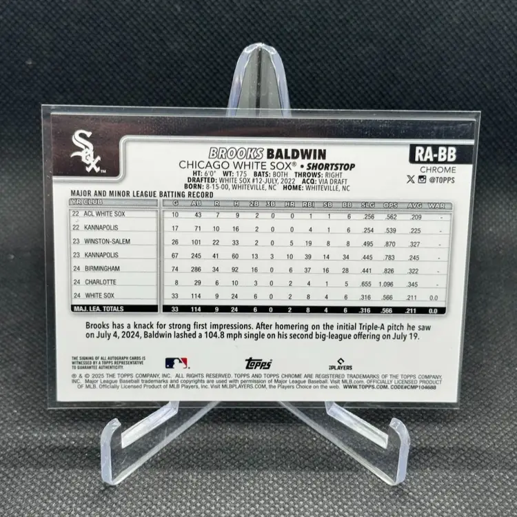 Brooks Baldwin 2025 Topps Chrome Sapphire Rookie Auto Orange /25 Chicago White Sox