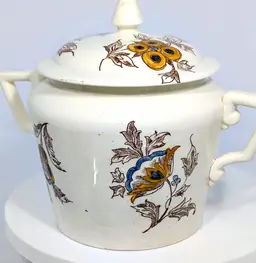 Antique Faience Pottery Creamer & Sugar Bowl Salins France Transferware Hand Painted 1860s