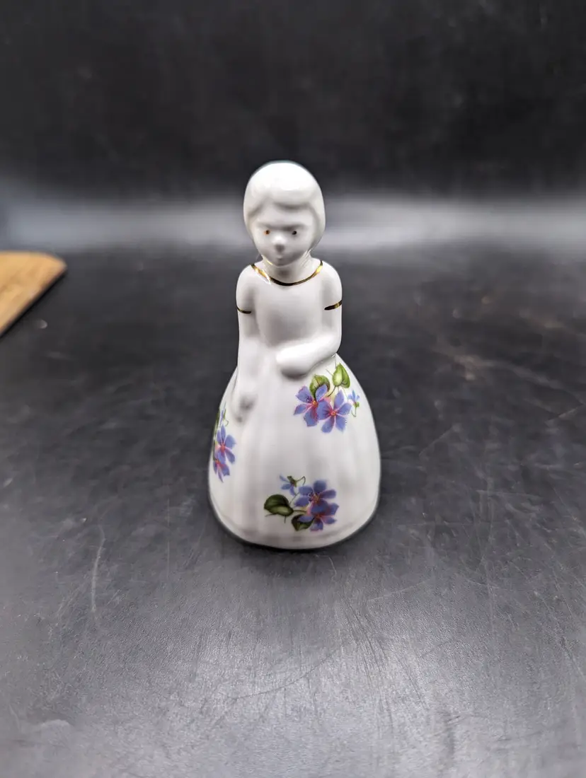 Vintage Lysander England Fine Bone China Woman In Lavender Floral Dress Bell 4''