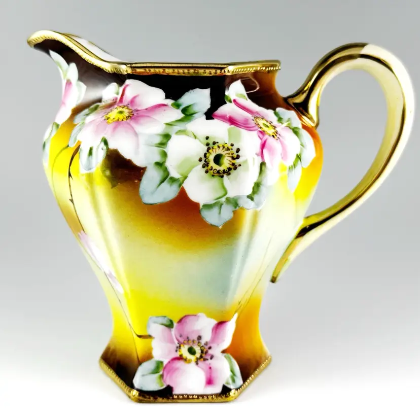 Nippon Morimura Gumi, Porcelain Pitcher with Hand-Painted Flowers & Gold Moriage Dots, Antique 1900s, Made in Japan