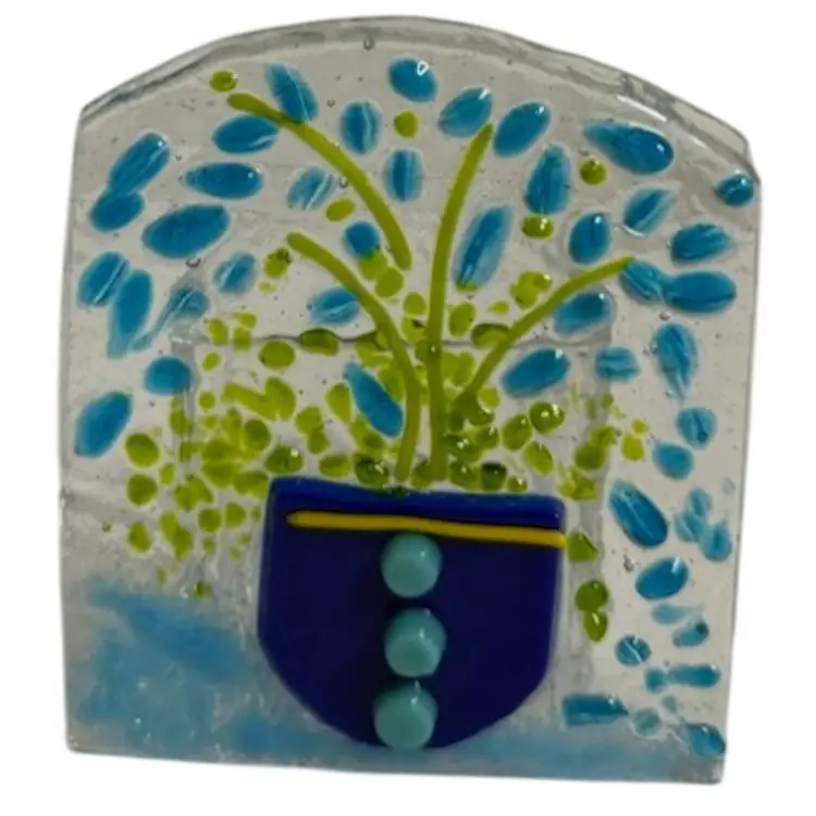 Fused glass tealight candle holder panel, Blue Flowers In Flower Pot 3-1/2” T x 3” W