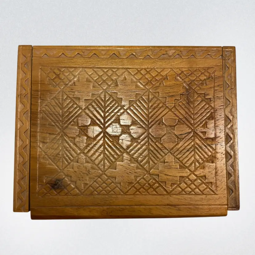 Wooden Hand Carved Trinket Box w/ Hinged Lid | 4.75”