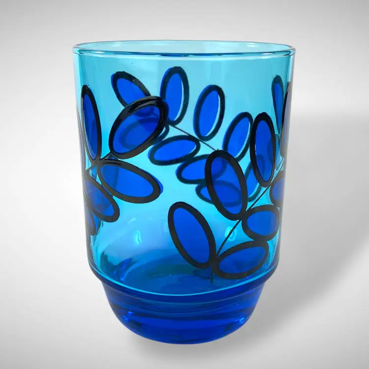 Set of 6 Electric Blue Glass Tumblers Abstract Leaf Design Vintage Barware