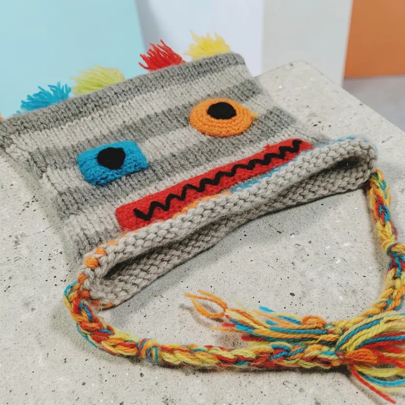 Andes Gifts Kids Colorful Knit Silly Face Winter Tassles Hat Alpaca Blend