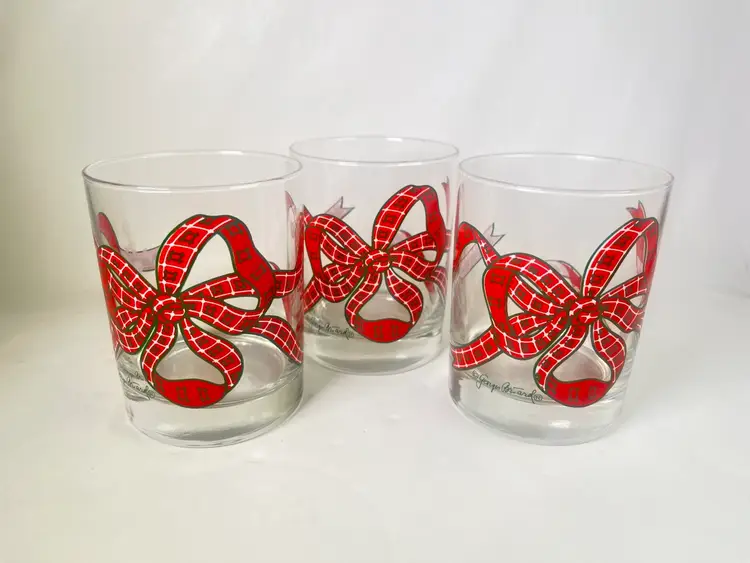 Set 3pc Georges Briard Low Ball Glasses Red Bows 4.5” Signed
