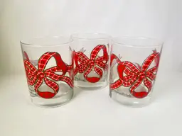 Set 3pc Georges Briard Low Ball Glasses Red Bows 4.5” Signed