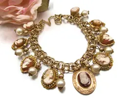 Fab GF Shell CAMEO Charm Bracelet Victorian Revival Gold Filled OOAK