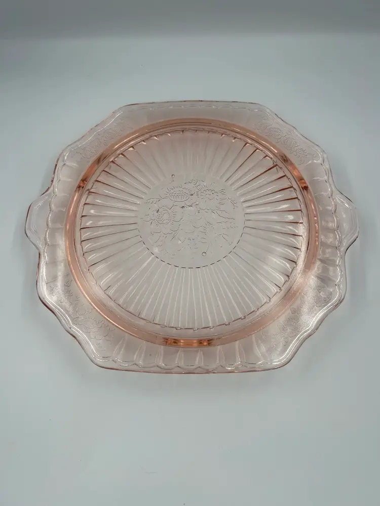 Vintage Anchor Hocking, Mayfair, Pink Depression Glass Open, Rose, Footed Cake Plate