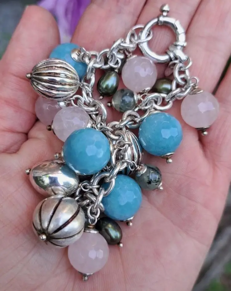 Vtg Milor Italy Sterling Pearl Rose Quartz Charm Bracelet