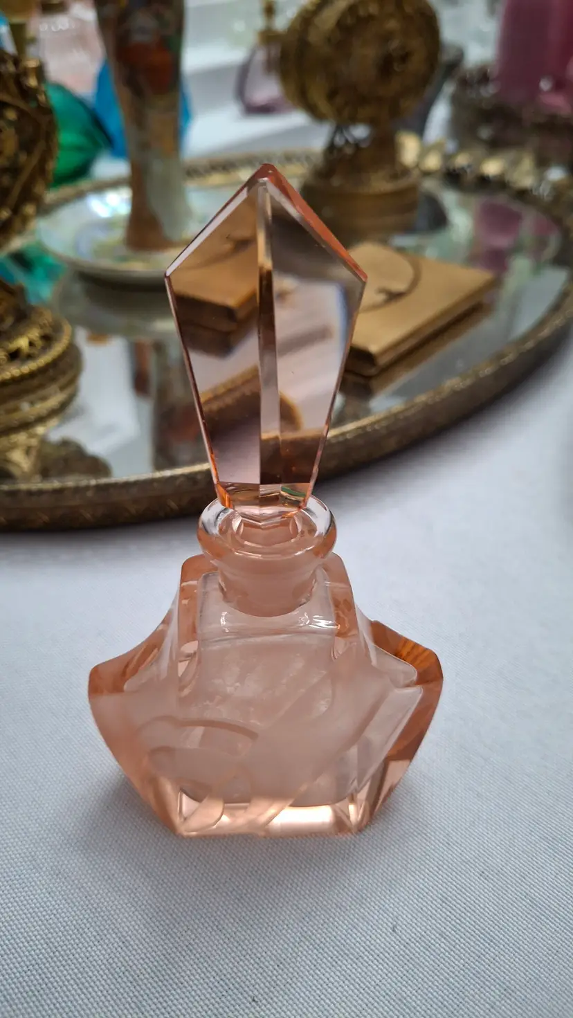 120 Peach Glass Perfume Bottle w/ Faceted Stopper – Art Deco Style Vanity Bottle