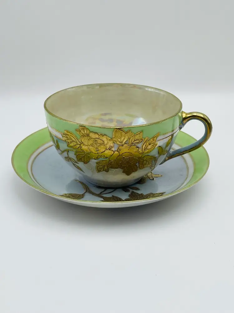 Porcelain Teacup/Saucer, Lusterware, Japan, Iridescent, Gold Accents, Moriage