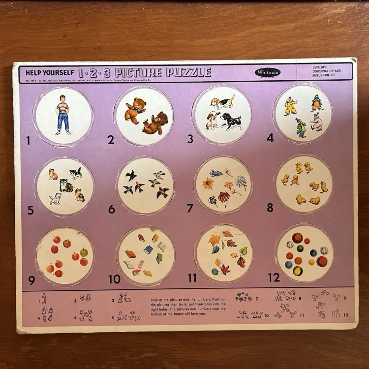 Vtg Whitman Help Yourself 123 Picture Puzzle Framed Board Puzzle