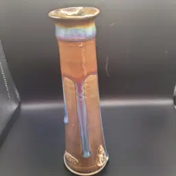 Signed Amir Studio Pottery Hand Thrown Bud Vase W/Small Figure on Side 7.75 in Tall