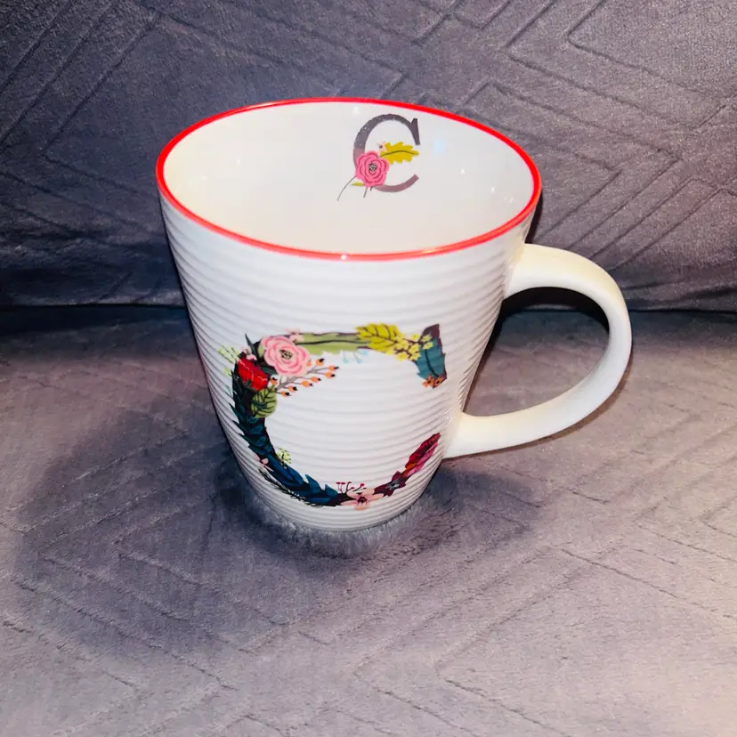Pier 1 Imports Savanah Floral Monogram Initial "C" Ribbed Stoneware Mug